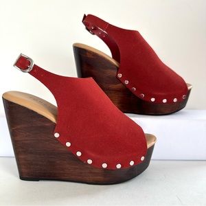 Red Suede Platform Wedge Sandals - Women